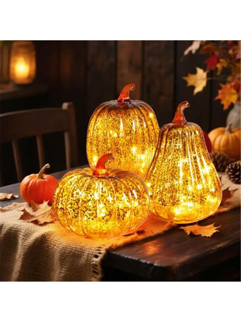 3 Pcs Mercury Glass Pumpkin Lights with Timer Pumpkins Lamps Tabletop Decor - Picture 4 of 5